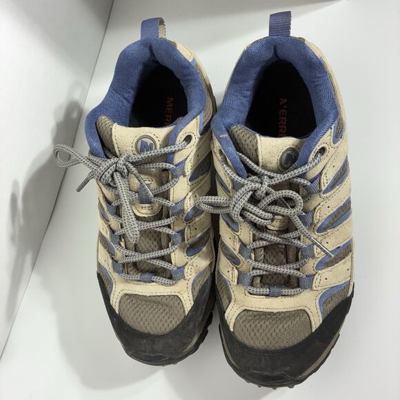 Merrell Women’s Moab Ventilator Hiking Shoes 8.5 Beige Blue Vibram Trail Outdoor - Picture 1 of 12